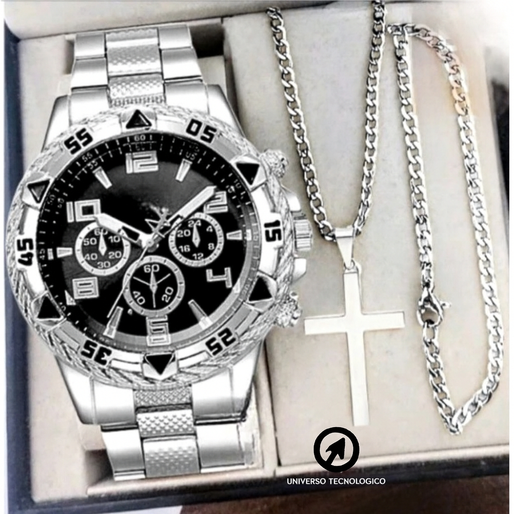 Kit Relógio Masculino Aço Inox Resistente a Água Com Corrente Cruz e Pulseira Presente Dia Dos Pais