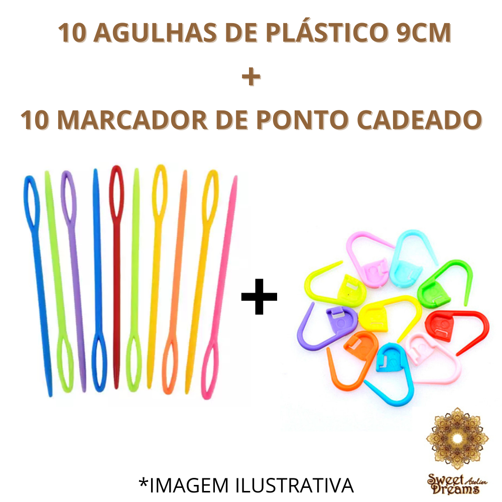 MARCADOR DE PONTO + AGULHA DE PLÁSTICO 9 CM KIT COM 10 UNIDADES DE CADA