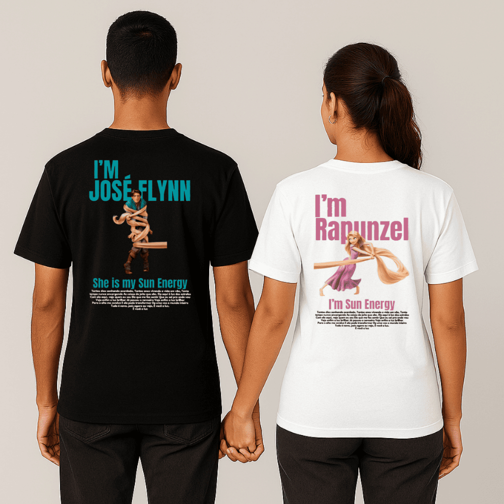 Kit Conjunto Camisetas para Casal Modelo: "Flynn e Rapunzel Sun Energy" - Promoção Especial / Novidade Inédita Especial