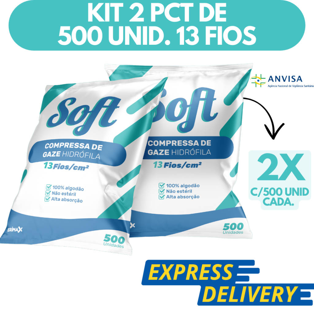 Kit 2 Compressa De Gaze 13 Fios 1000 Unidades Soft Hidrófila Gazes Anvisa Descartável