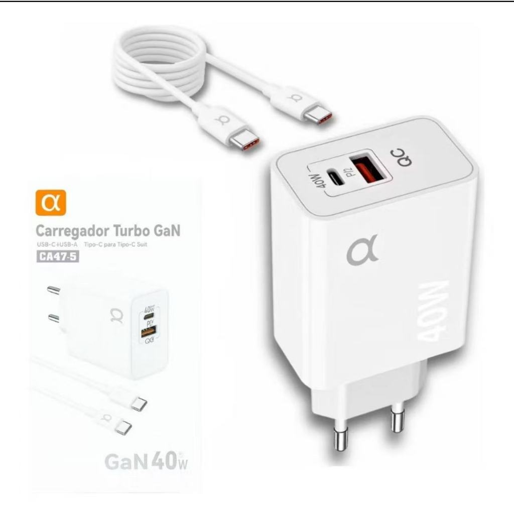 CA47-5 Carregador Turbo 40W com cabo Tipo C para Tipo C Fonte 2 Entrada USB e USB C carregamento rápido