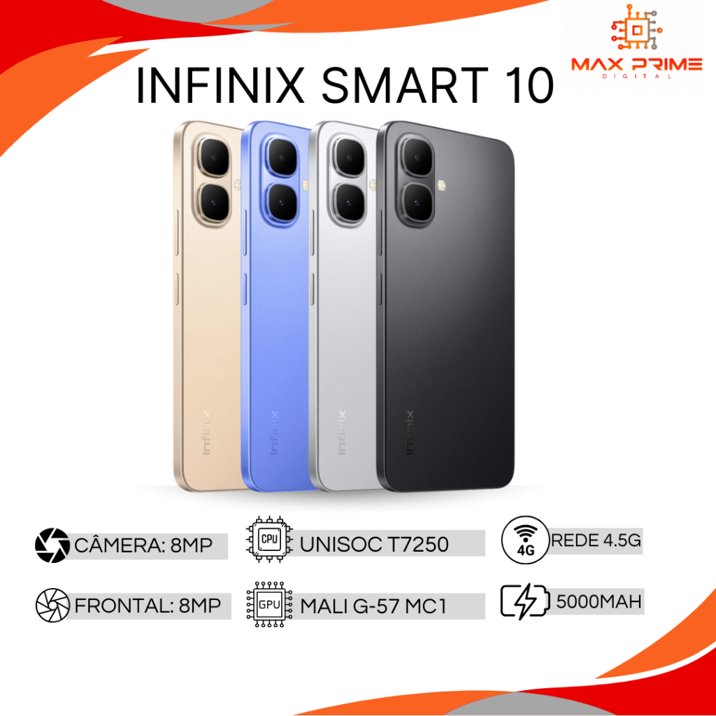 Infinix Smart 10 4.5G, 128GB/4GB RAM Expansível, Proteção IP64, Processador T7250, Versão Global