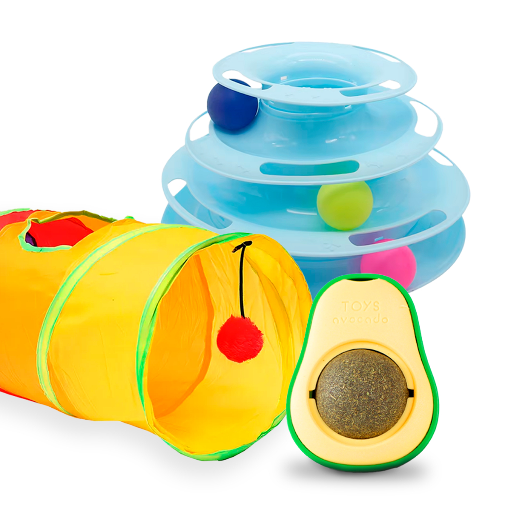 Kit Brinquedo para Gato Interativo com Túnel, Torre de Bolinhas e Abacate com Catnip Estímulo Felino Pet