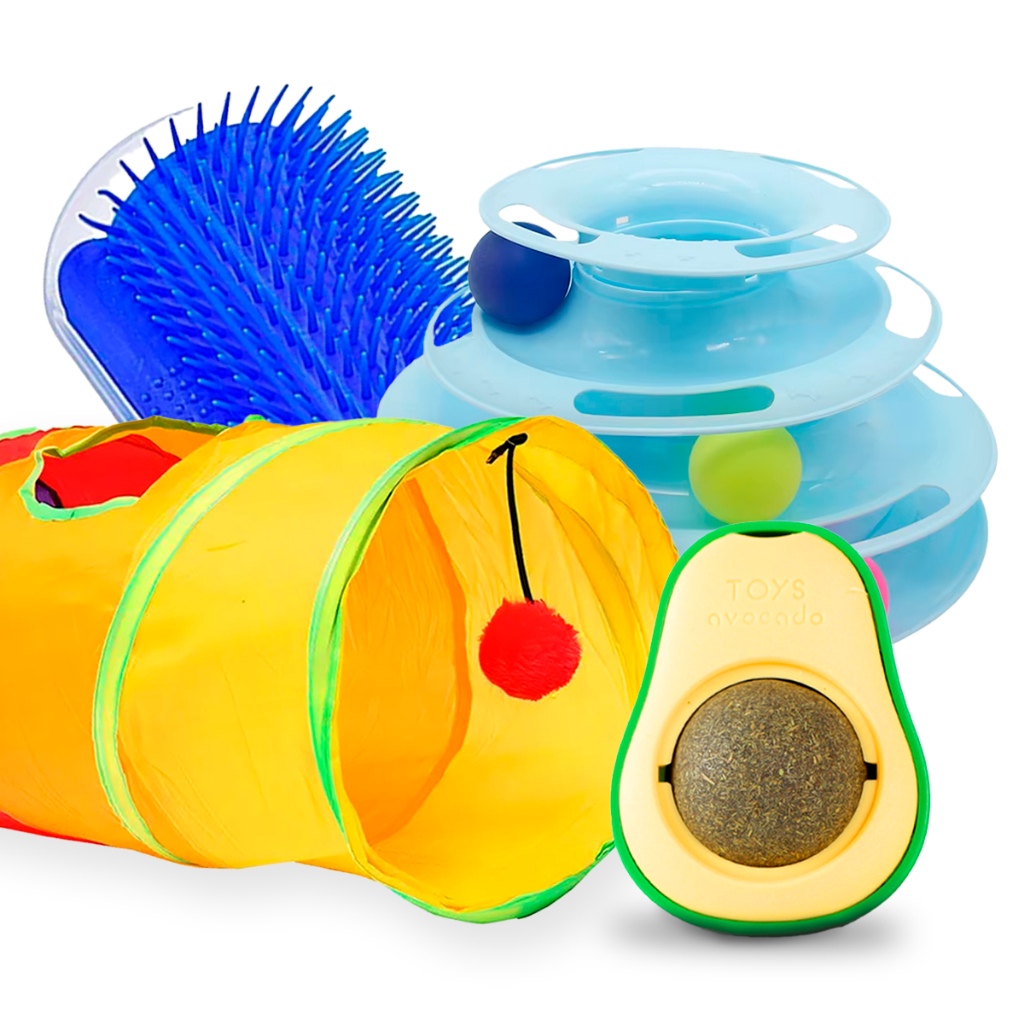 Kit Túnel Com Catnip Abacate Com Escova Massageadora e Torre de Bolinhas Interativas