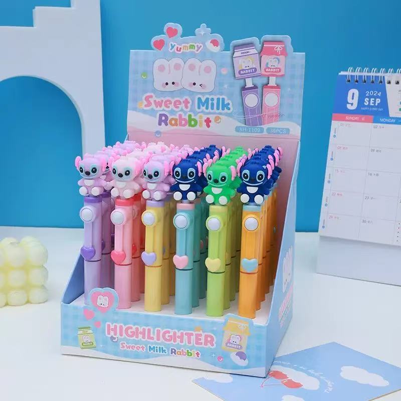 Kit de 6/12 Peças Caneta giratória anti-stress Stitch, Hello Kitty e Bob Esponja, Marca-texto
