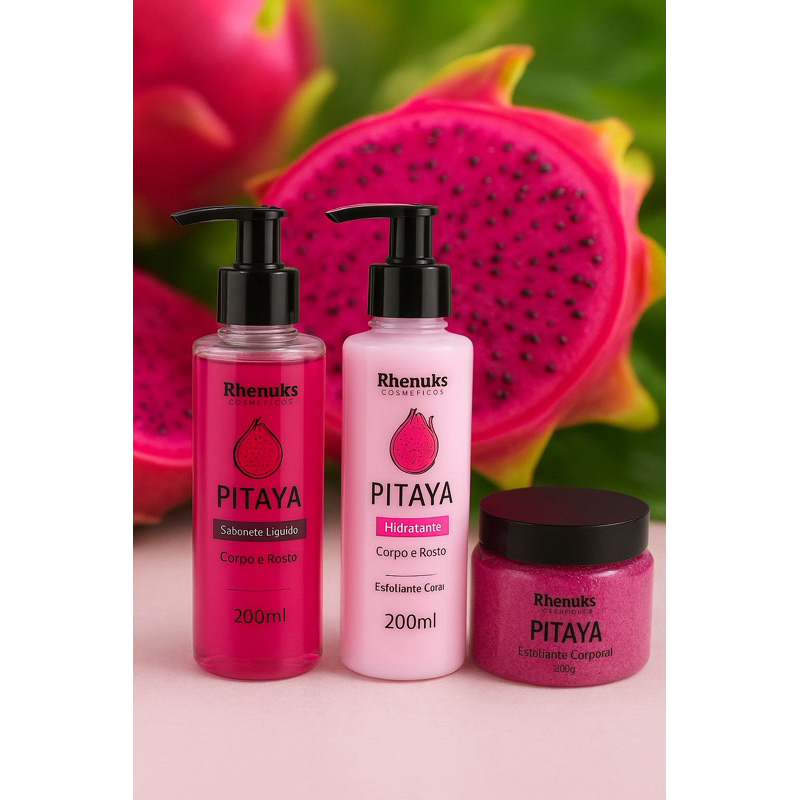 Kit Pitaya Rhenuks Sabonete Líquido+Hidratante+Esfoliante Corporal-Kit Cuidados com Pele–Limpeza,Hidratação e Esfoliação