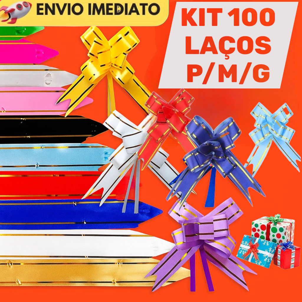 100 Laços Fácil Mágico c/ Filete Dourado P/M/G – Presente – Cores Variadas