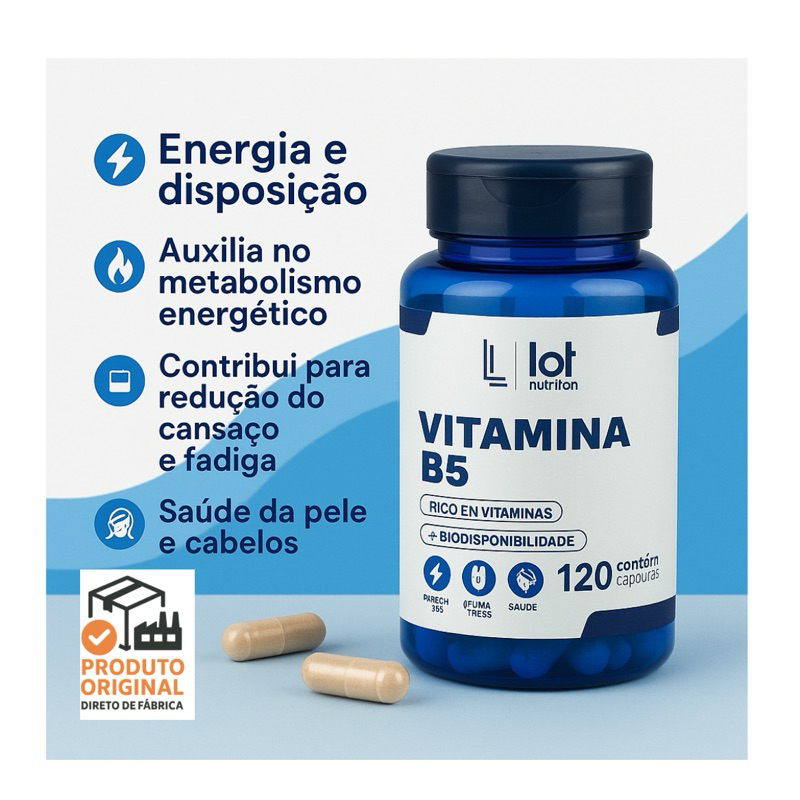 Vitamina B5 Pantotenato de Cálcio 120 Cápsulas Energia Hormônios Metabolismo Lot Nutrition