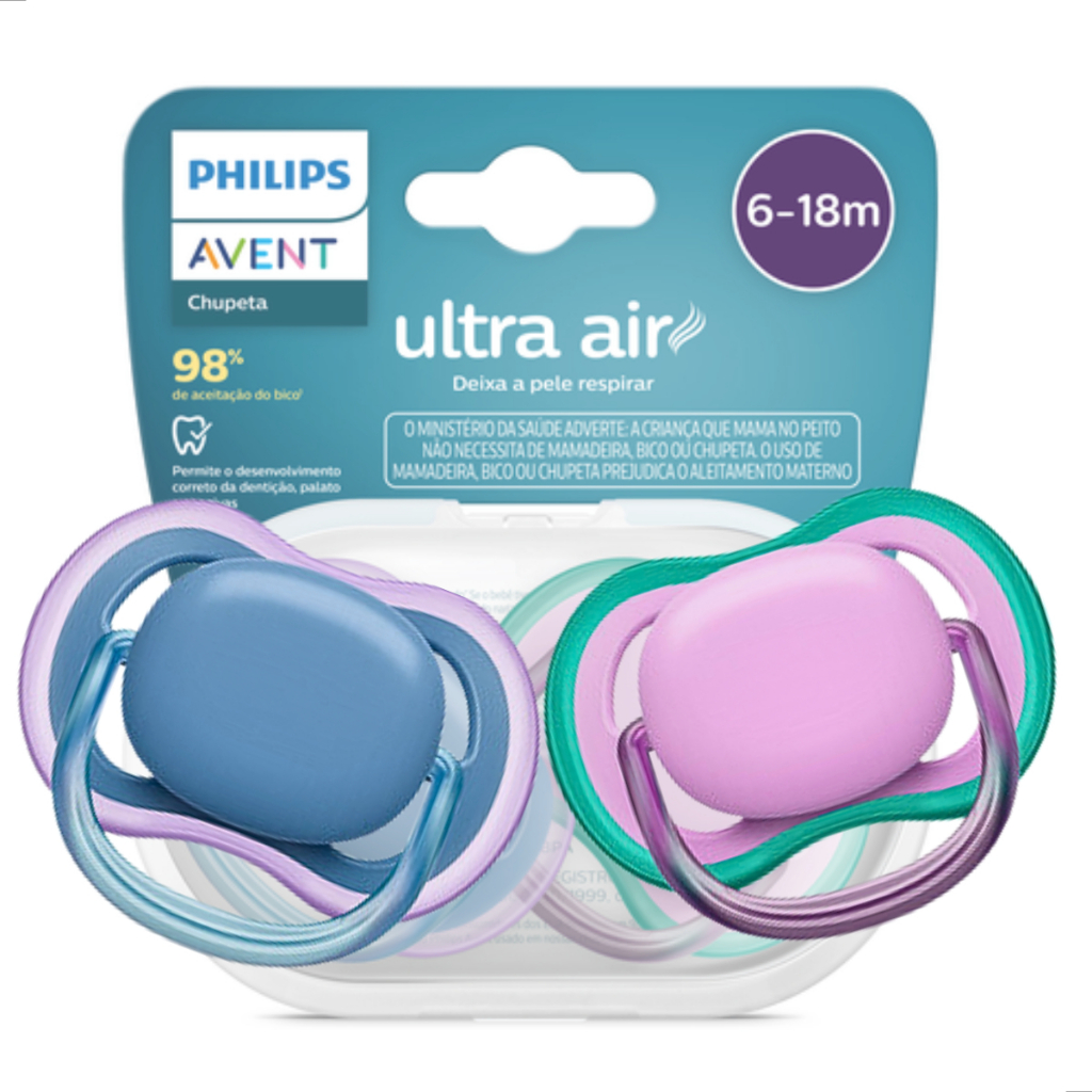 Kit 2 Chupetas Ultra Air Dupla Lisa Azul e Rosa 6-18m Avent Menina