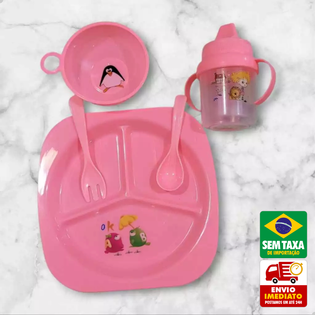 Jogo Refeição Infantil Amigold 4 ou 5 Peças Prato Copo Tigela Colher Garfo Livre de BPA
