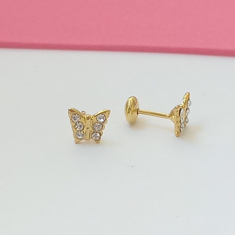Brinco Infantil Borboletinha com Strass Cristal - Tarraxa Baby - Banho Ouro 18k  Antialérgico