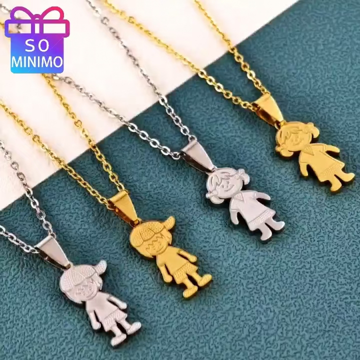 Colar de Aço Inox com Pingente de Casal - Menino e Menina Dourados, Tema Família e Irmãos