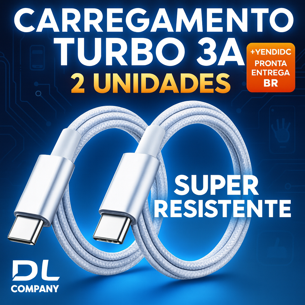 Kit 1 ou 2 Cabos Ponta Dupla USB-C Dupla Carga Turbo 3A Reforçado Android Iphone 16