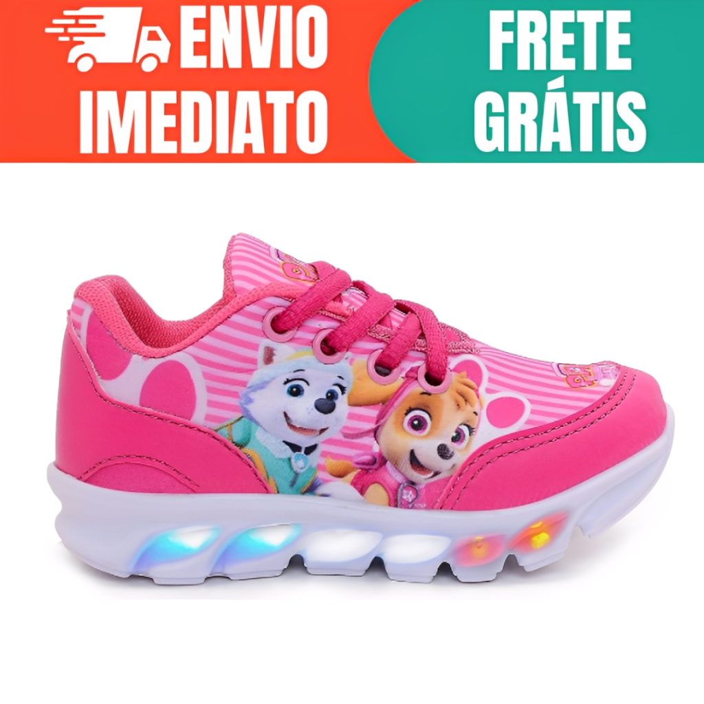 Tenis Infantil Menina Patrulha Canina Led Luzinha Escola Casual Desenho Personagens Promoção