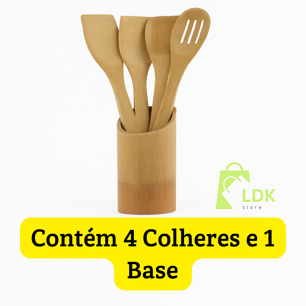 Conjunto de Utensílios de Bambu Com 5 Peças Sendo 4 Colheres E 1 Base
