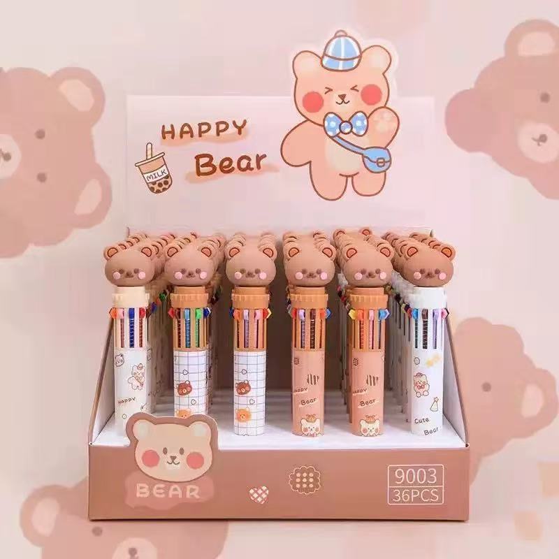 Kit 4/8/12 Canetas Esferográficas 10 Cores – Urso Coca Fofo Kawaii Multicoloridas