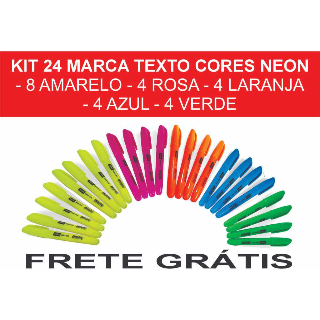 Kit 24 Marca Texto Neon Vighs –  caneta marca texto colorida, material escolar (FRETE GRÁTIS)