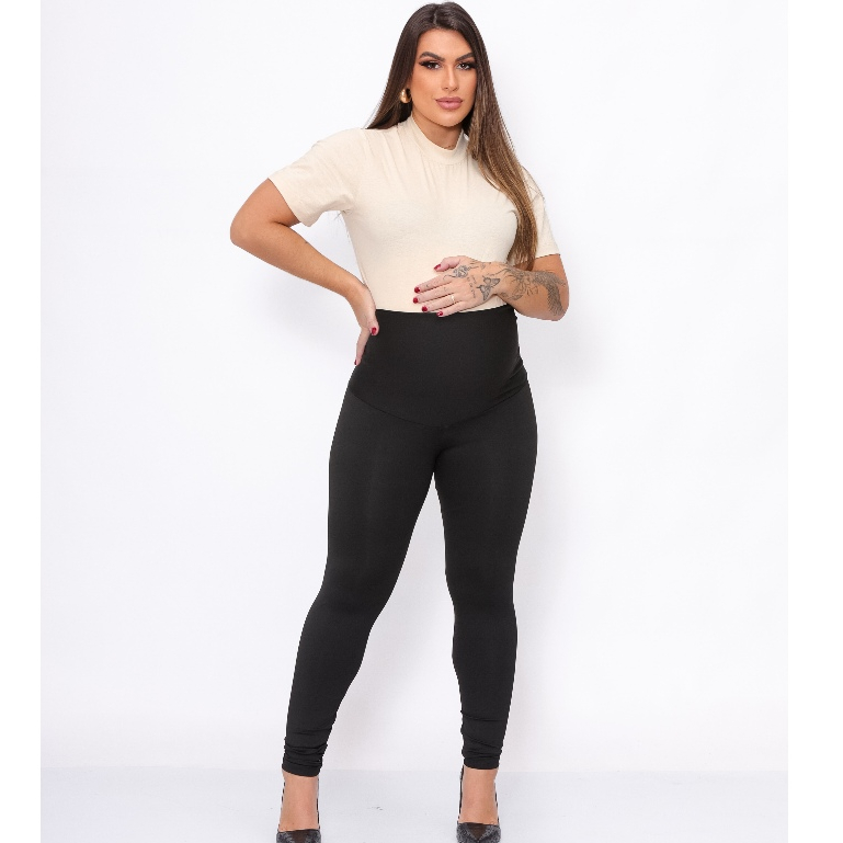 Calça Legging Gestante Feminina Preta Cós Alto Maternidade Confortável PP ao Plus Size
