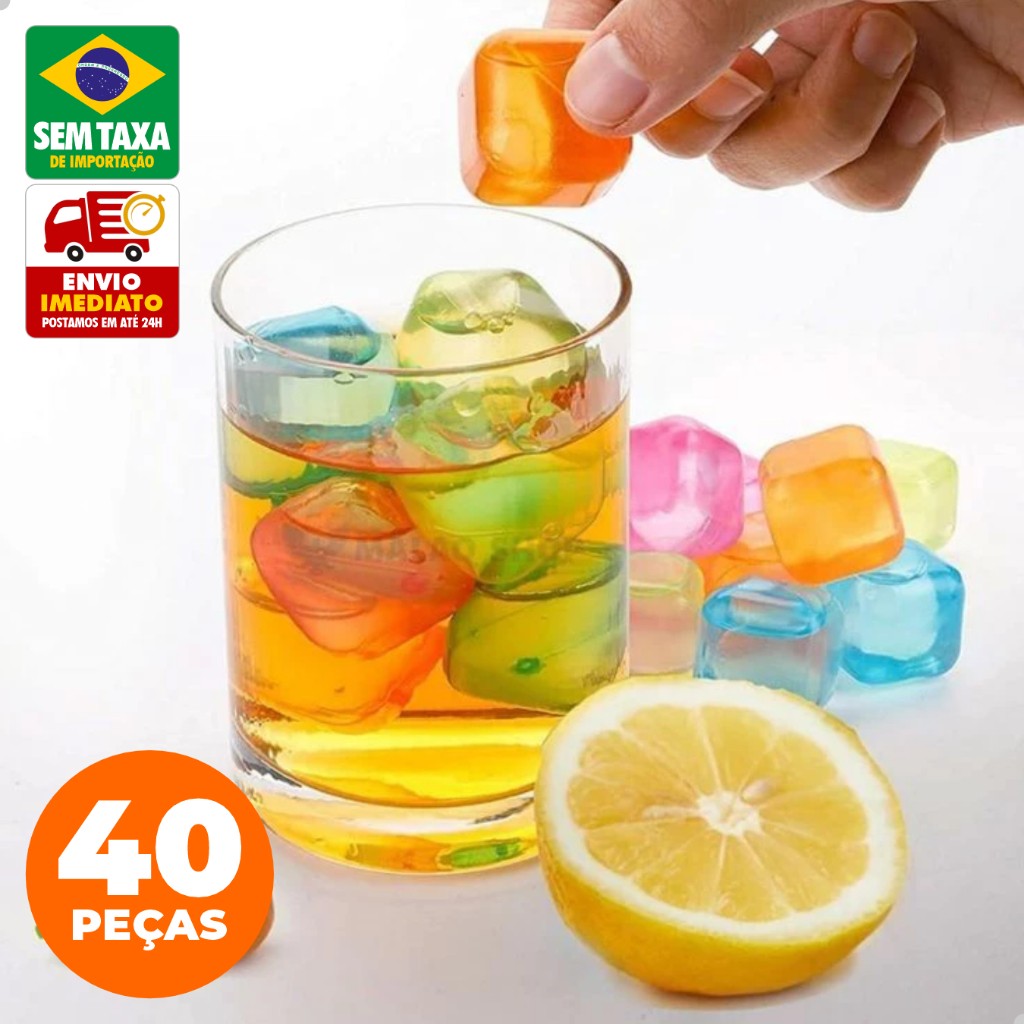 Cubos de Gelo Reutilizável Colorido Artificial Kit 40 Unidades Para Bebidas Drinks Freezer