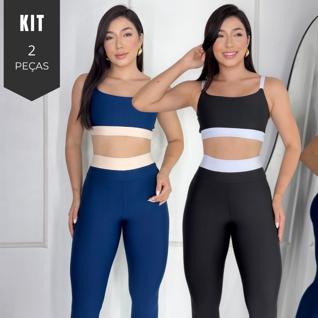 Kit 2 Conjunto Academia Feminino Fitness Bicolor Suplex Cintura Alta Top Cropped Alcinha