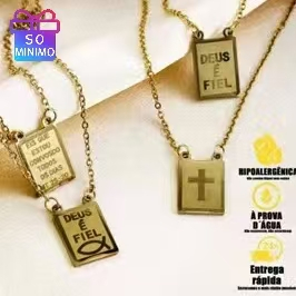 Colar Escapulário "Tudo Posso Naquele que Me Fortalece" - Prata/Dourado, Aço Inox 316L