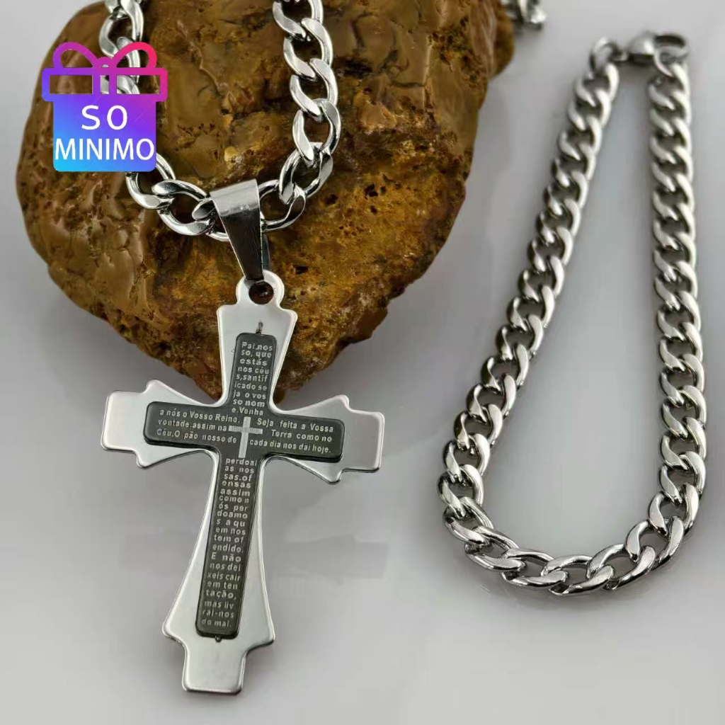 Colar de prata masculino elegante conjunto masculino: colar de prata com pingente de cruz e pulseira