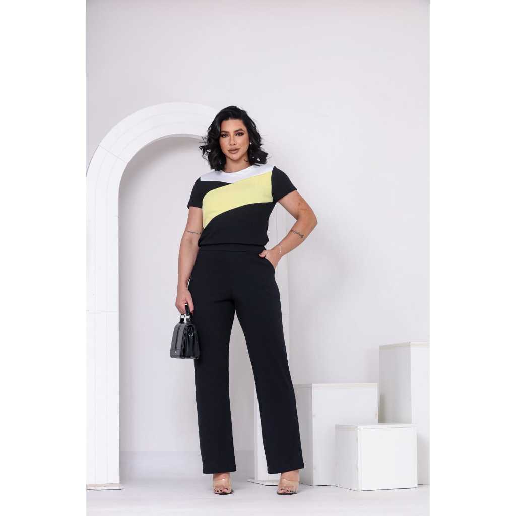 Conjunto Feminino Calça Pantalona e Blusa Bicolor Tecido Anaruga Confortável Atemporal Casual *PreççoBaixo* Lua Chic