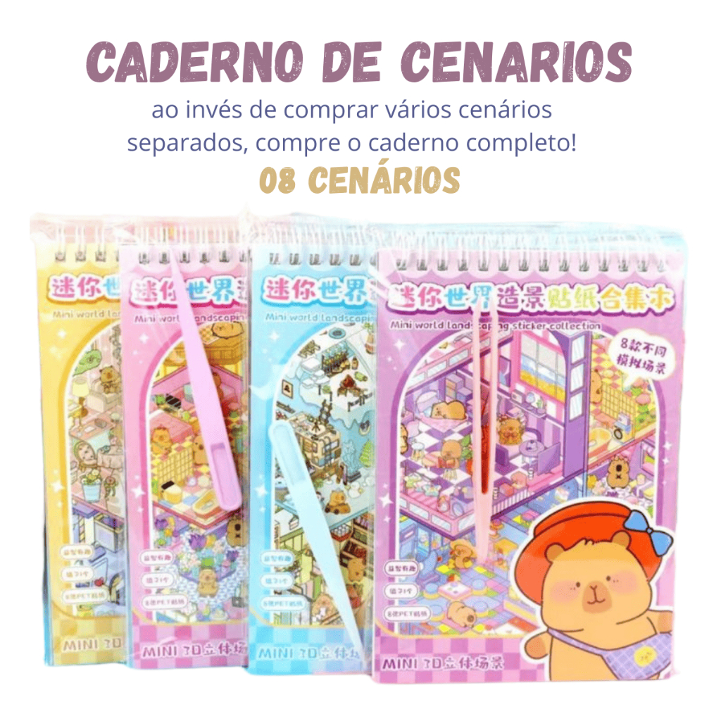 Caderno Adesivos 3d 8 Cenários para montagem + Pinça - livro interativo para Montar e Decorar