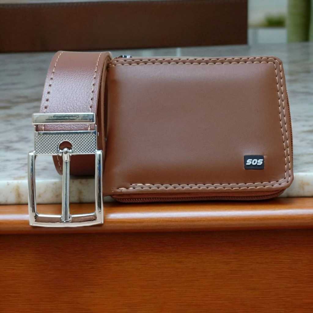 Kit carteira grande de zíper e cinto social masculino