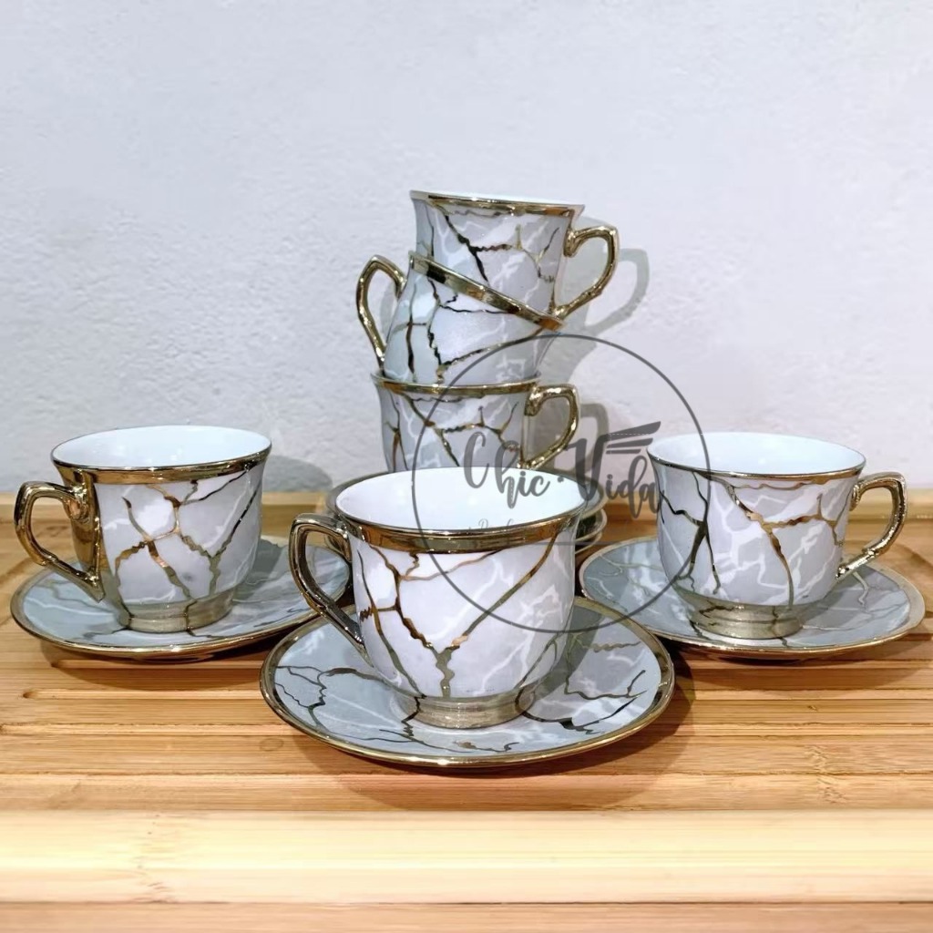 Jogo De Xícaras Com Pires 12 Peças De Café Ceramica Em Porcelana Barata Black Friday