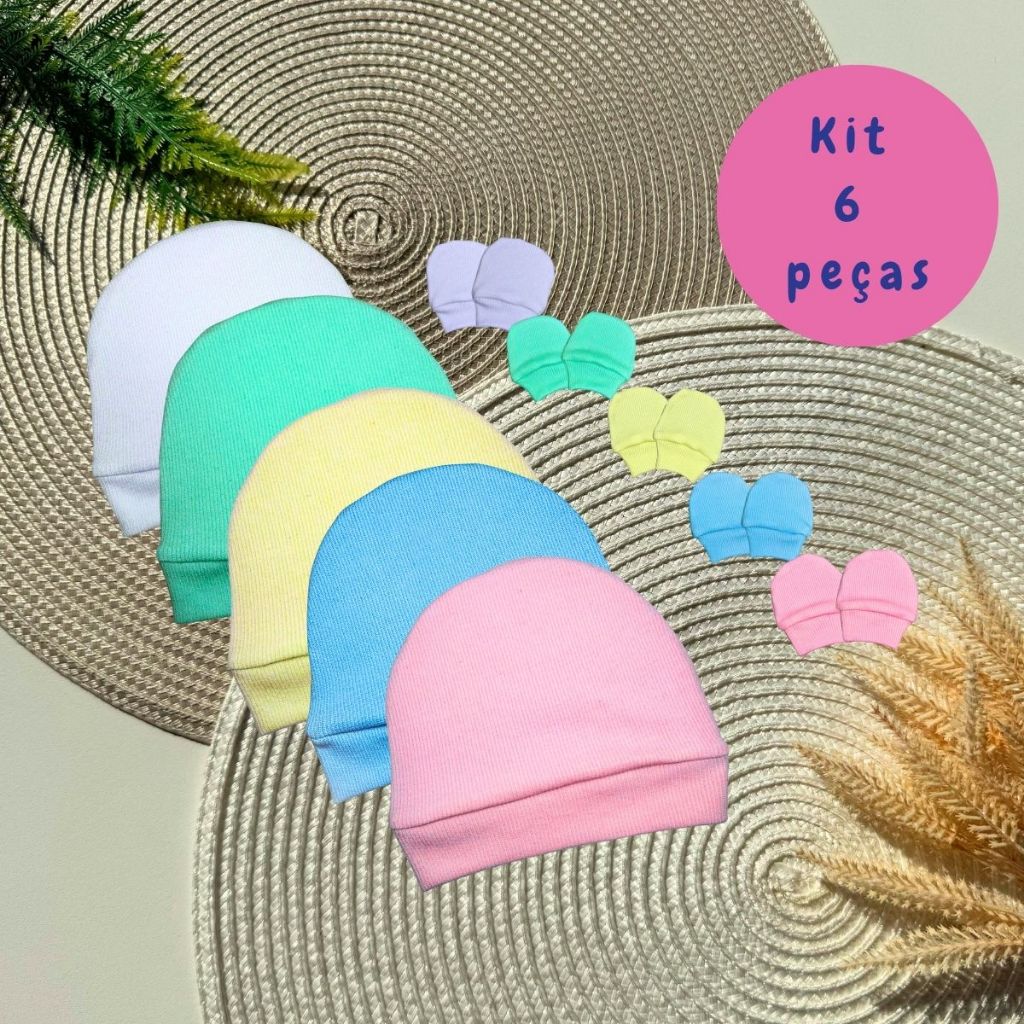 Kit 3 Toucas Com 3 Pares De Luvas Para Bebê Recém Nascido Maternidade Algodão Menino Menina