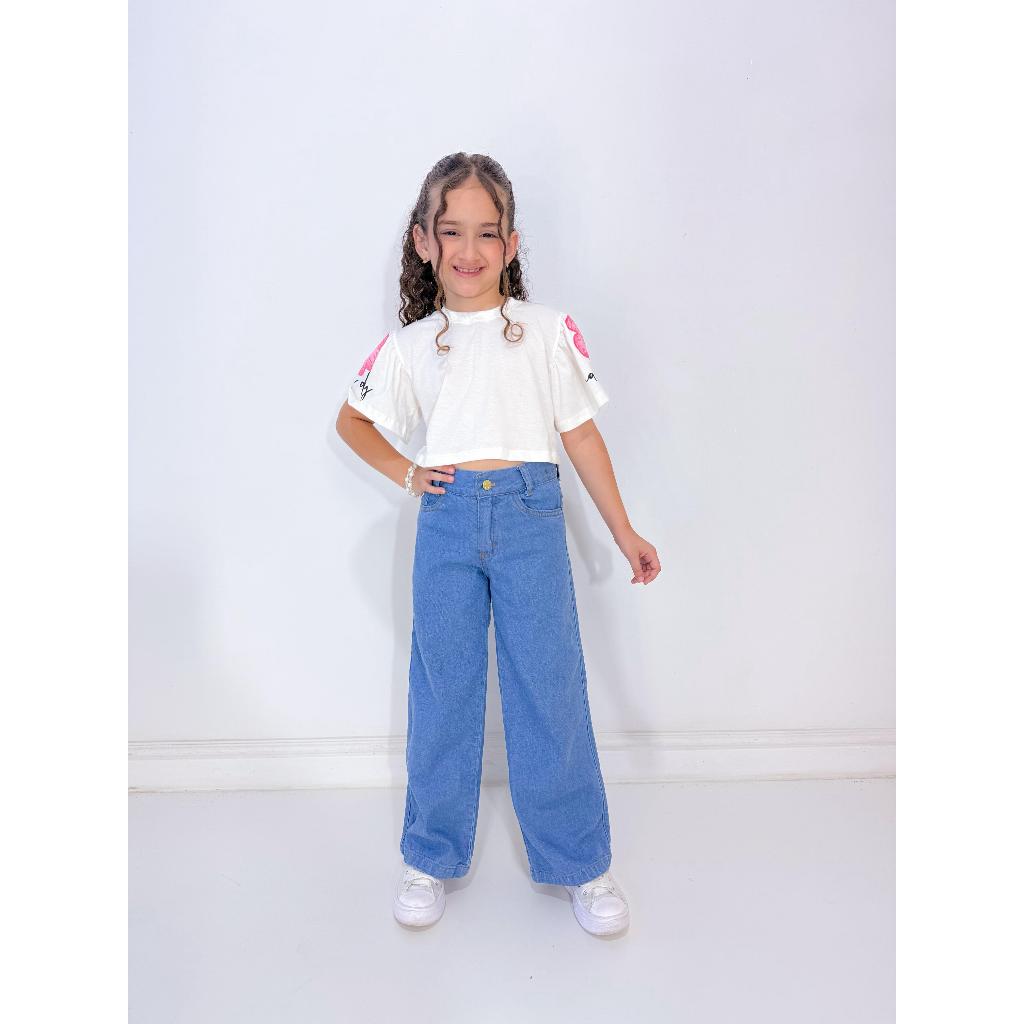 Calça wide leg clara lisa Jeans Infantil menina  feminina  perna larga moda gringa diva
