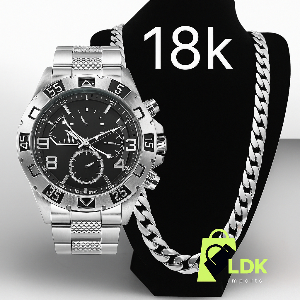 Relógio Masculino Prata Dourado Banhado 18k + Corrente Grossa 18K