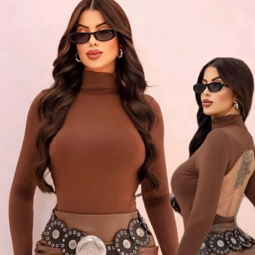 Body Feminino Manga Longa Poliamida Costas Nuas Moda Gringa Sem Dedeira