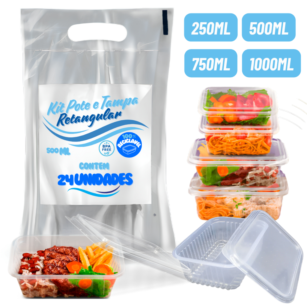 Pote Descartável Freezer Micro-ondas Marmita - 24 Un Fitness Todos Tamanhos