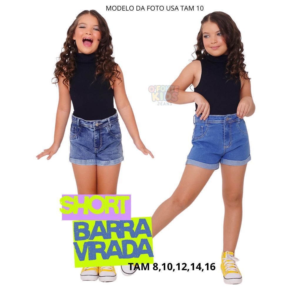 Short Jeans Lycra Infantil Feminino Menina Cintura Alta Barra Drobada Casual, 08,10,12,14,16Anos