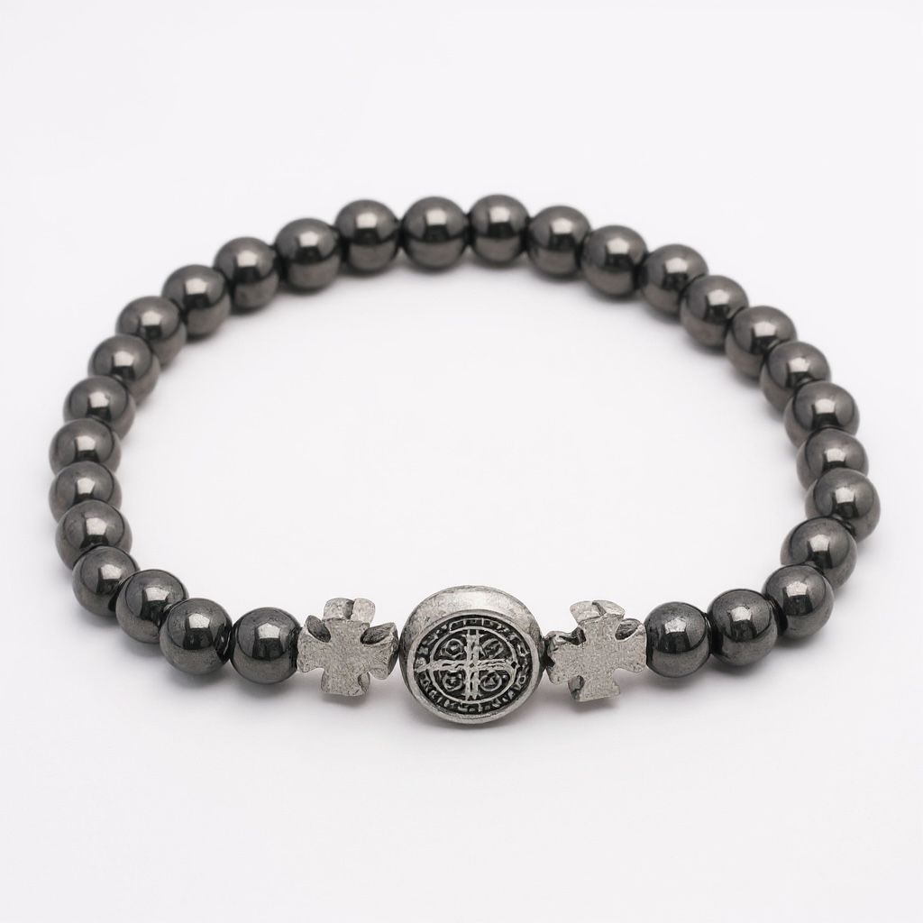 Pulseira Elastico Hematita Medalha de São Bento. ENVIO RÁPIDO