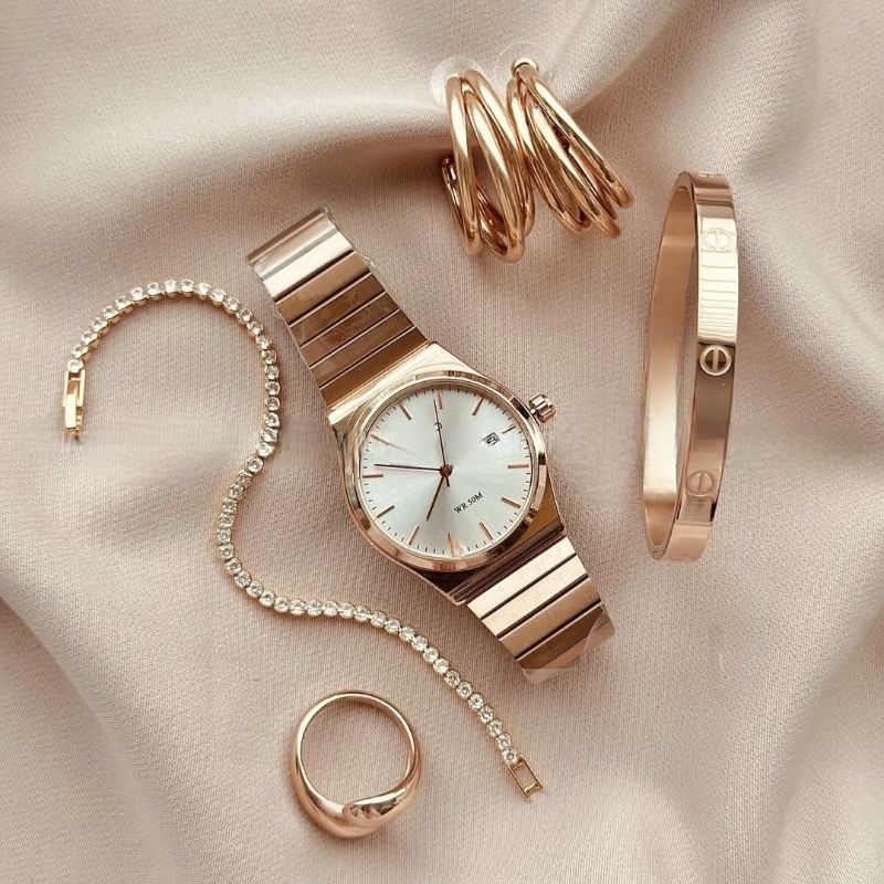 5 Peças Conjunto Relógio Bracelete Pulseira Anel e Brinco Feminino Acessórios Relogio Aço inoxidável