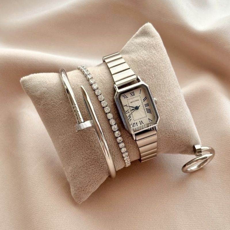 4 Peças Conjunto de Relógio Bracelete Pulseira Anel Feminino Prata Acessórios Femininos kit Anéis