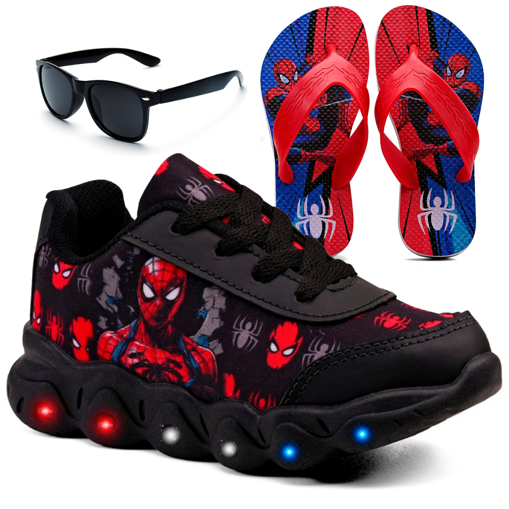 Kit Tênis Infantil Homem Aranha Com Led + Chinelo Infantil + Óculos Infantil