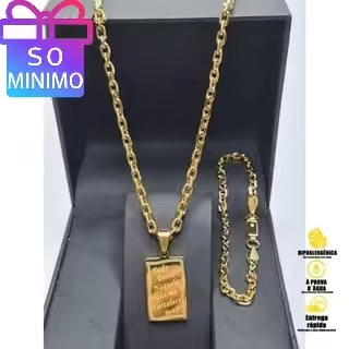 Kit Corrente e Pulseira Masculina Gominho com Pingente "Tudo Posso" - Aço Inoxidável 316L Dourado