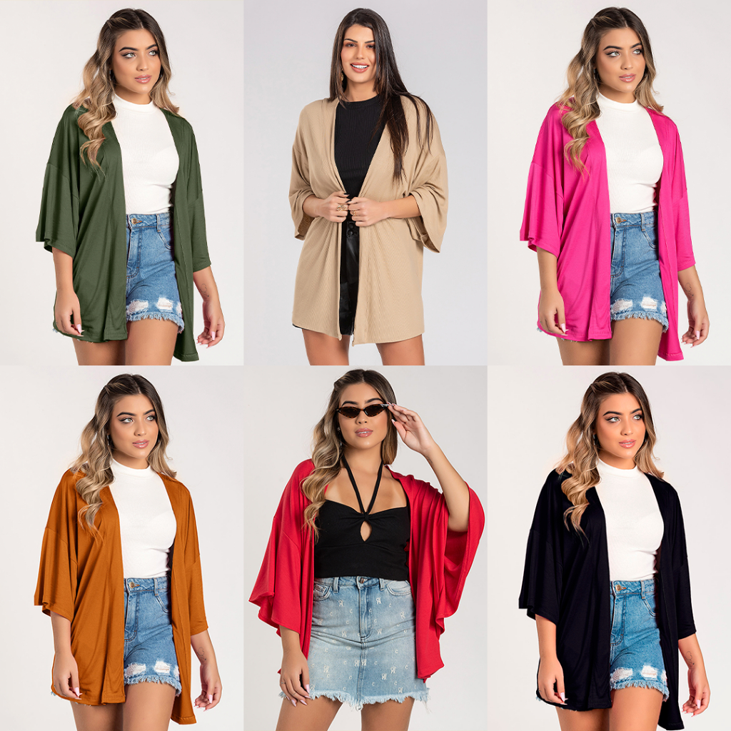 Kimono Cardigan Feminino Manga 3/4 Soltinho Viscose Blogueirinha Terceira Peça -Casaquinho Feminino-Saída de Praia