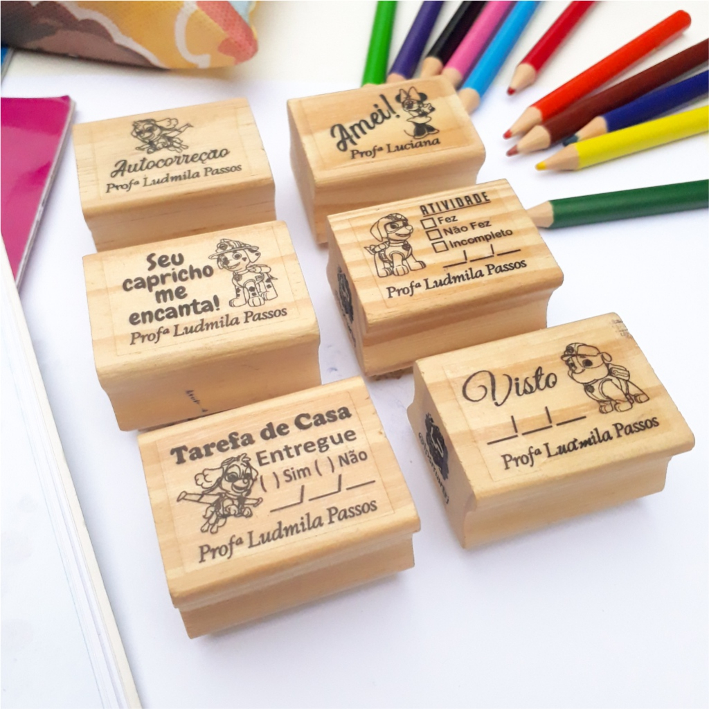 Kit 6 Carimbos Pedagógicos Personalizados Madeira 3cm x 4cm para professor professora escola