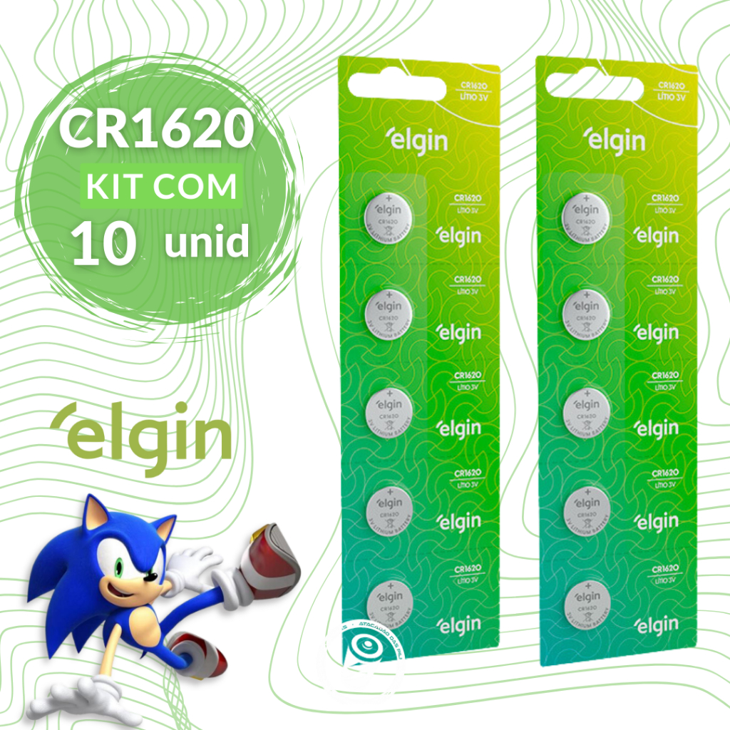 10 Bateria Pilha Moeda Cr1620 3v Elgin 2 Blister 5 Unidades