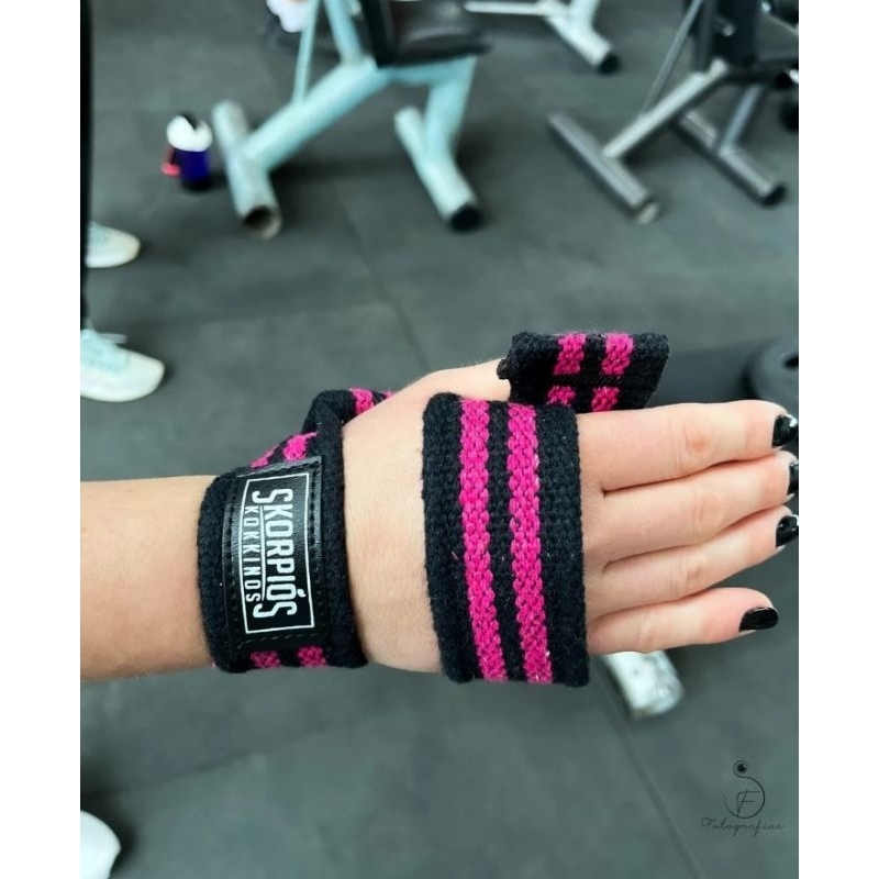 Par Straps 100% algodão preto com PINK para academia, cross fit e musculação.