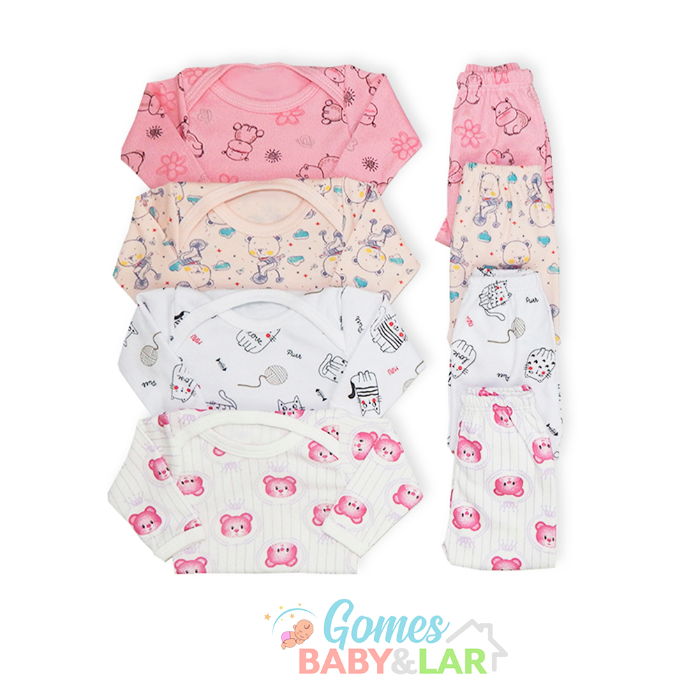 Conjunto Body Bebê com Calça Mijão Liso Estampado Malha Canelada Kit 6 peças