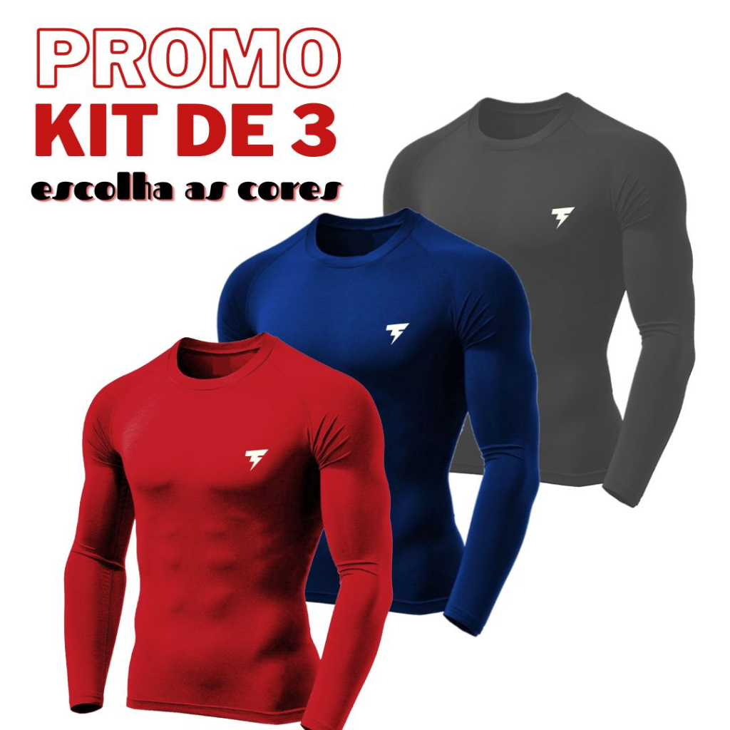 3 Camiseta Manga longa Uv 50 Símbolo Refletivo Segunda Pele Dry Fit