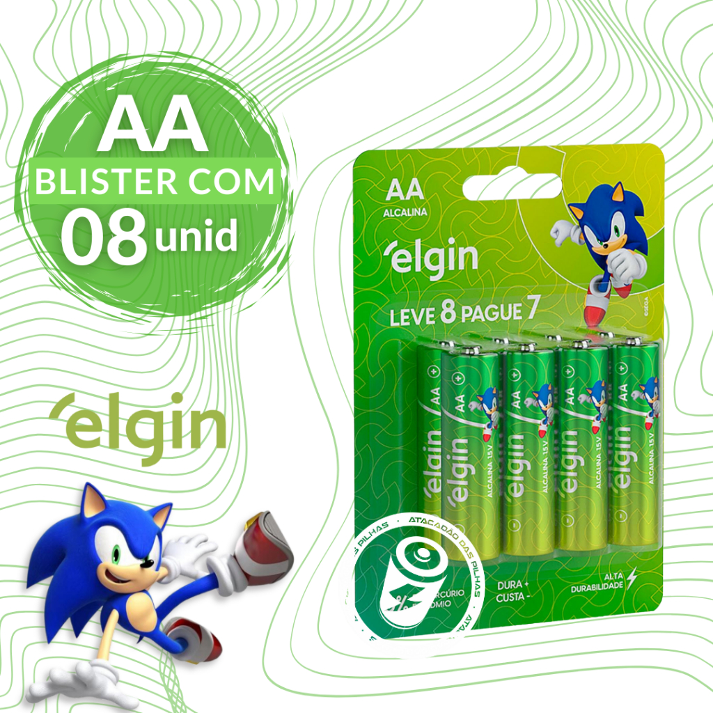 Blister Com 8 Pilhas Aa Alcalina Elgin Linha Sonic