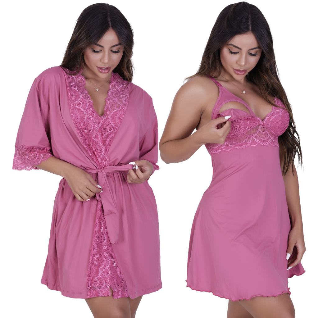Kit Pós parto de Robe e Camisola Sofia sem Bojo de Microfibra Light de amamentação Feminino