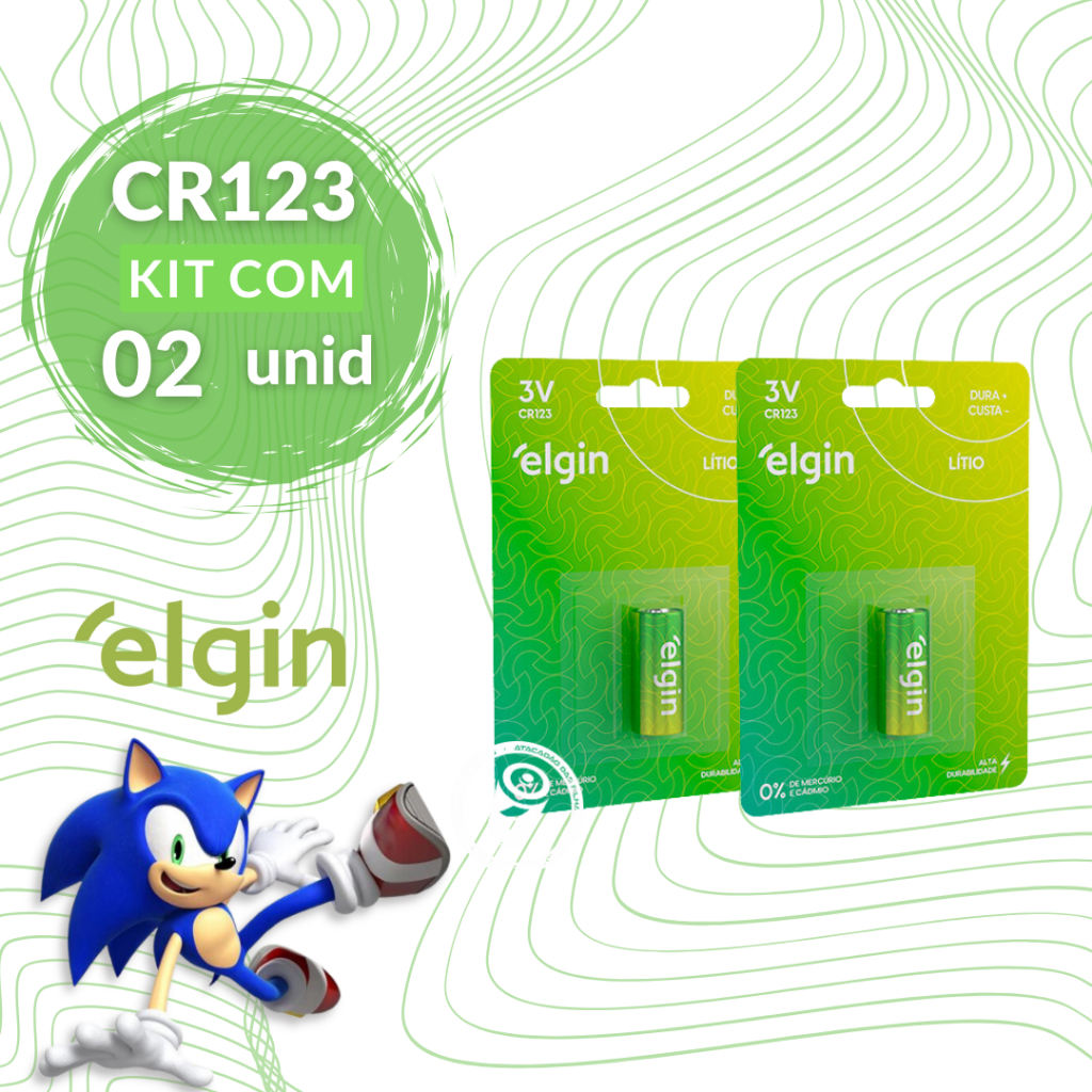 2 Pilhas Bateria Cilíndrica Cr123 3v Elgin 2 Blister C/ 1 Un
